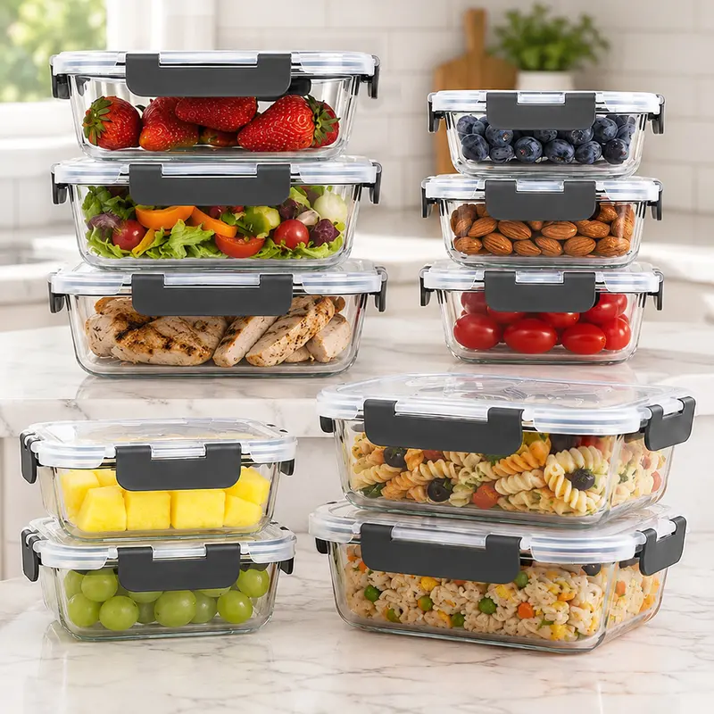 First group of ten glass food storage containers