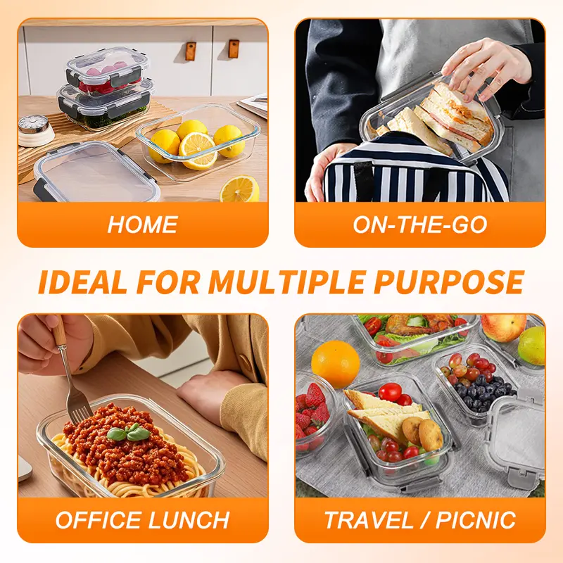 Glass food containers used at home, work and while traveling